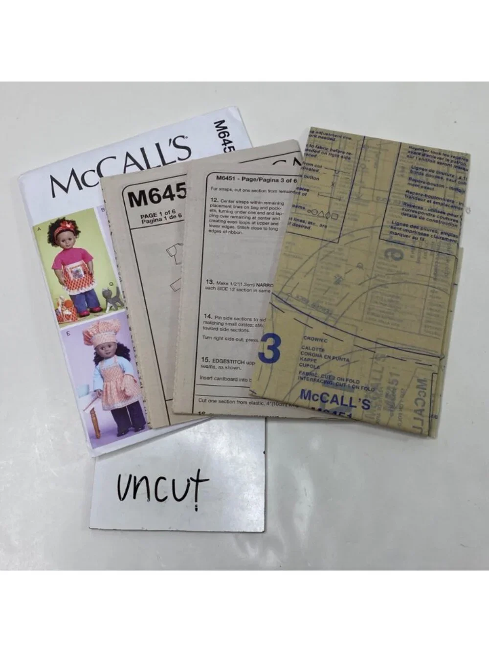 McCalls 18 Inch Doll Sewing Patterns Aprons & Chef Hats Uncut M6451